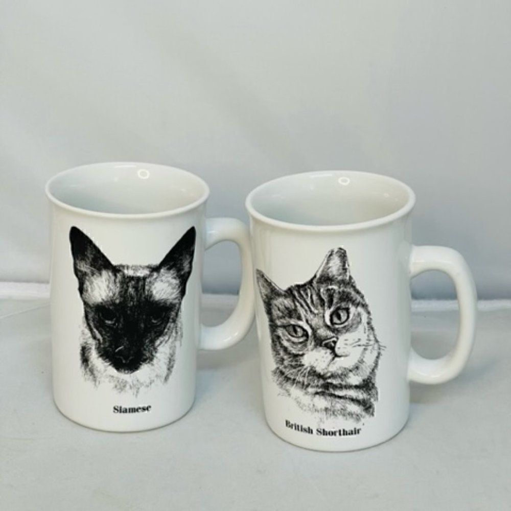 2 British Shorthair & Siamese Kitty Cat Coffee Mugs Cup Ceramic Papel Freelance